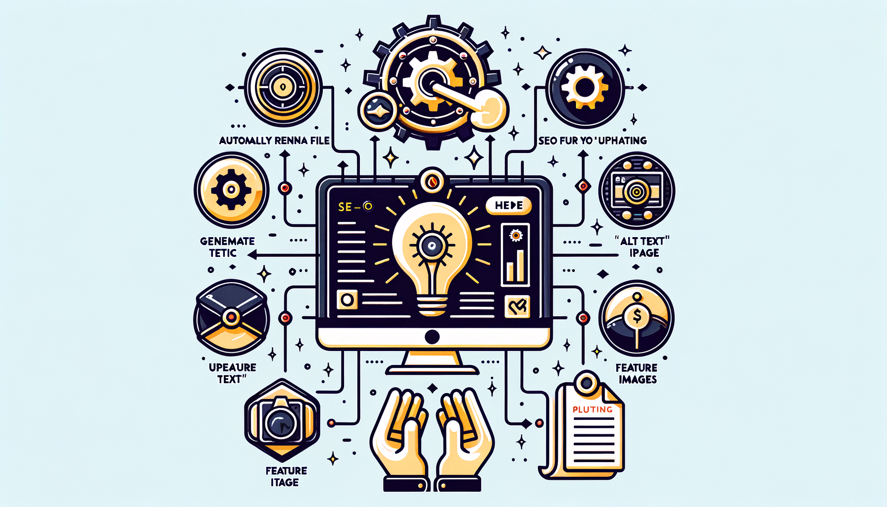 A digital illustration themed around website optimization and SEO (Search Engine Optimization) in a two-tone color scheme, predominantly yellow and dark blue, against a pale blue background. The central image shows hands typing on a laptop keyboard, with the laptop screen displaying a magnifying glass symbolizing search, surrounded by various icons. These icons represent different aspects and tools of SEO and website maintenance, such as gears, graphs, cloud computing, a globe with magnifying glass, and document symbols. Text labels such as "Automatically Renewal SSL," "SEO," "Update Text," and "Feature Images" are integrated within the design to describe each icon's function. The overall image is constructed in a network style arrangement, suggesting the interconnected nature of the different components of web management.